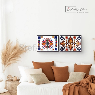 Модерен хол с цветни картини Български шевици над дивана