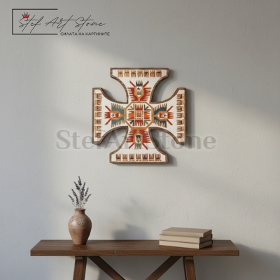 Равнораменен кръст с шевица - пано за стена, етно декорация | StefArtStone