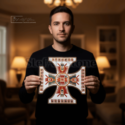 Равнораменен кръст с шевица - пано за стена, етно декорация | StefArtStone