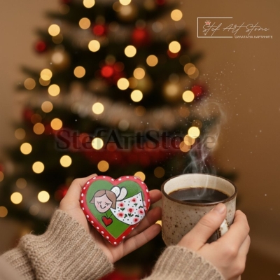 коледен камък сърце ръчно рисуван StefArt Stone