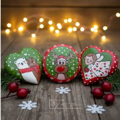Коледен комплект рисувани камъни – Еленче, Ангелче и Мечета | Уникален подарък 
