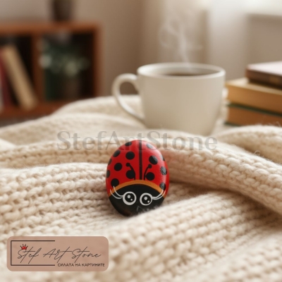 Ръчно рисувана червена калинка върху морски камък