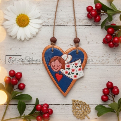 Ръчно рисуван ангел върху сърце – артистичен подарък и декорация за дом