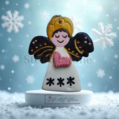 Ръчно изработен коледен ангел с тъмно сини крила