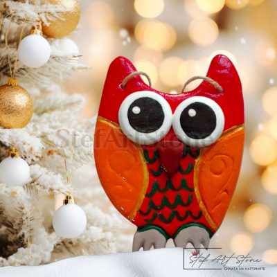 Коледна Украса | Коледен Орнамент Бухал - червен 12 см
