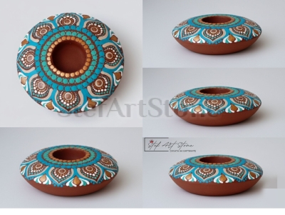 КЕРАМИЧЕН СВЕЩНИК мандала $14$ см арт декорация за дома синьо златно