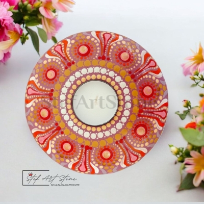 Ръчно рисуван свещник мандала за чаена свещ (детайл точкова техника)