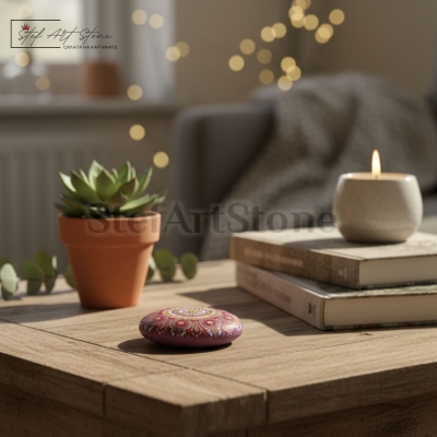 Малък арт камък Мандала декорация за бюро или нощно шкафче