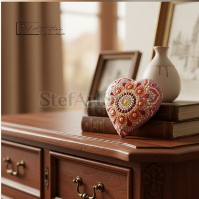Декоративен камък сърце мандала 10 см (уникален декор за бюро)
