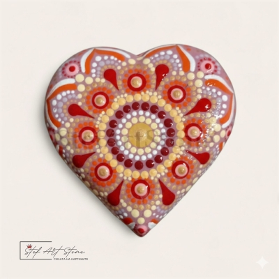 Ръчно рисувана мандала върху лят камък сърце (точкова техника)