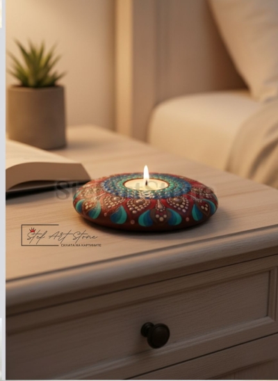 Декоративен свещник за чаена свещ с рисувана мандала