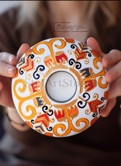 Свещник за чаена свещ с българска шевица ръчна изработка