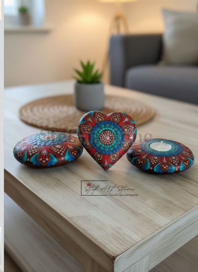 Сет 3 части  с мандали, цвещник за чаена свещ, рисуван камък, сърце - рисуван камък