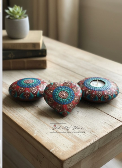 Сет 3 части  с мандали, цвещник за чаена свещ, рисуван камък, сърце - рисуван камък