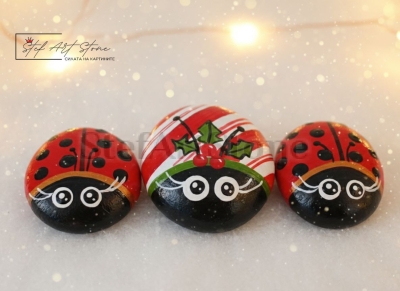 Комплект рисувани камъни калинки 3 части за декор и украса