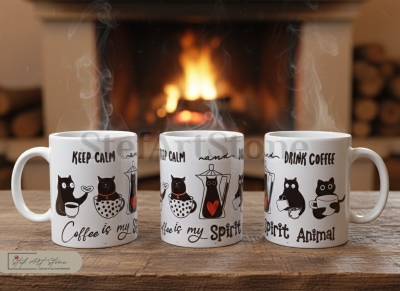 Забавна чаша с надпис Coffee is my spirit animal и черни котки - три ъгъла.