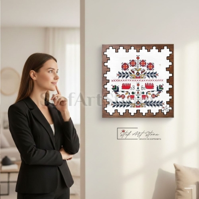 Модерна етно декорация за стена: Картина от дърво с шевица за семейна хармония в интериор