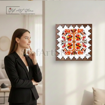 Модерна декорация за стена с българска шевица за плодородие в интериор