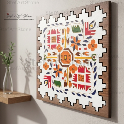 Ръчно рисувана картина от дърво с Дупнишка шевица на стена - Серия Традиция