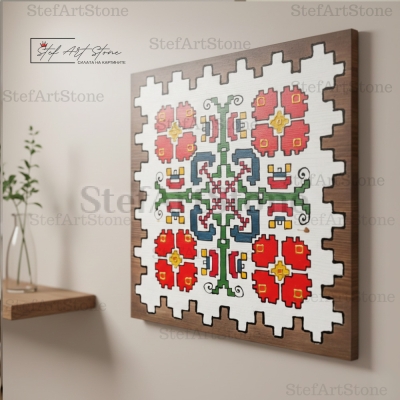 Детайл на картина Цъфтяща Елбетица с рустик борд на стената