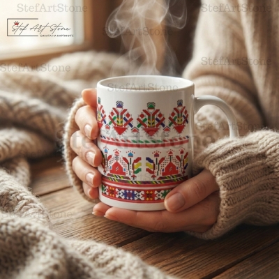 Уютна зима: Ръце държат керамична чаша с българска шевица и горещ чай