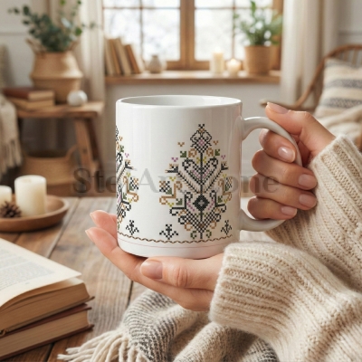 Ръце държат чаша с българска шевица в земни тонове