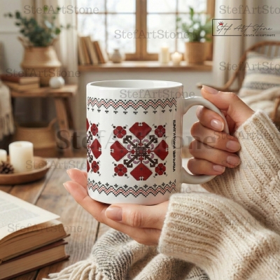 Топла напитка в чаша с традиционна българска бродерия