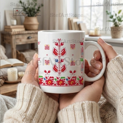 Близък план на керамична чаша с флорален мотив от Трънско