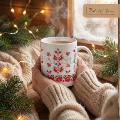 Уютна атмосфера с чаша кафе и българска народна шевица