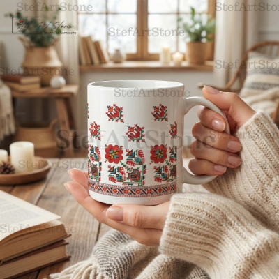 Жена държи чаша с традиционни мотиви цветя