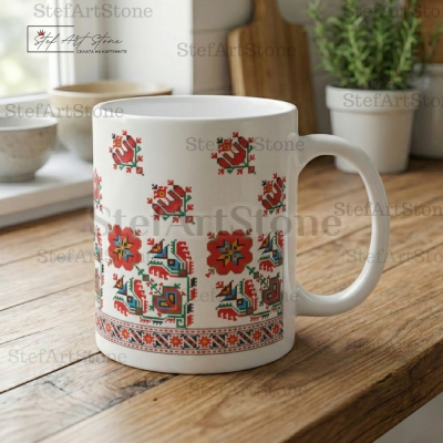 Бяла чаша с богата флорална българска шевица в червено и зелено