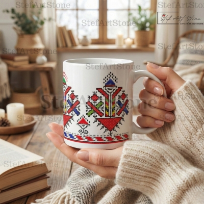 Жена държи чаша с традиционен мотив от Самоков