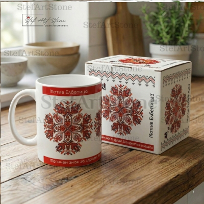 Керамична чаша с българска шевица Елбетица - здраве и благоденствие