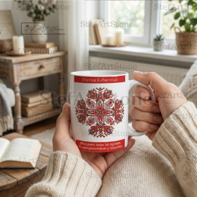 Чаша с надпис за здраве с българска шевица, авторска бутикова чаша