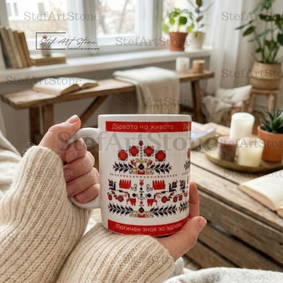 Уютна чаша с българска шевица Дървото на живота в ръце