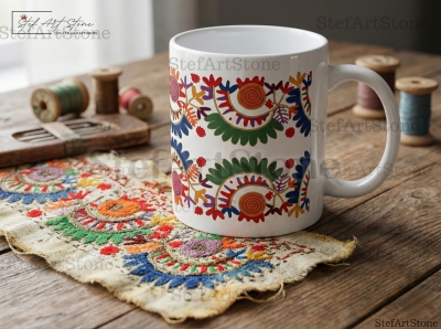 Керамична Чаша с Българска Шевица "Слънчева Спирала" – Възроден Автентичен Мотив