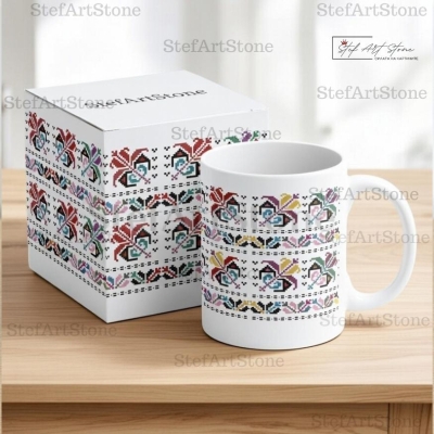 Керамична Чаша с Пъстра Шевица "Пролетен Танц" - Чаши с български шевици