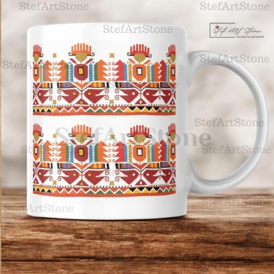 Керамична Чаша с Шевица от Дупница  "Слънчеви Птици" – Чаши с български шевици