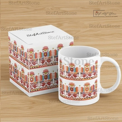 Керамична Чаша с Шевица от Дупница (Станке Димитрово) "Слънчеви Птици" – Чаши с български шевици