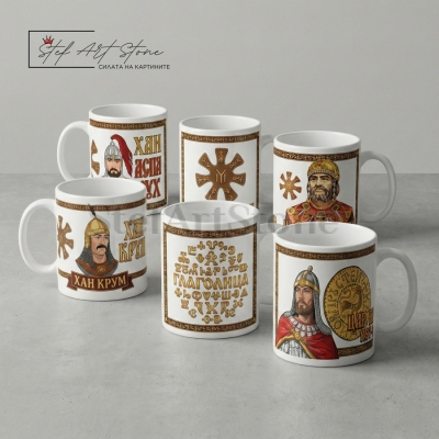 Комплект от 6 Бели Керамични Чаши Български Владетели и Символи | Колекционерски Комплект в Кутия