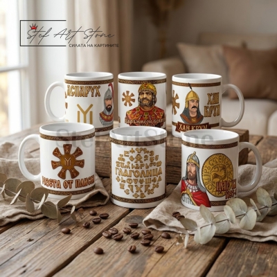 Комплект от 6 Бели Керамични Чаши Български Владетели и Символи | Колекционерски Комплект в Кутия
