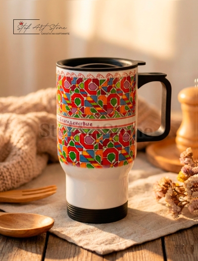 Термо Чаша с Българска Шевица „Здраве, Закрила и Благоденствие“ – 500 мл с Дръжка