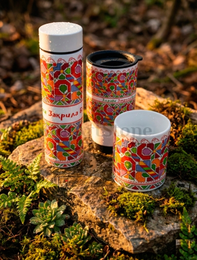 Подаръчен Сет с Шевица  "Българска Закрила" – Термос, Термо Чаша и Керамична Чаша (3 Части)