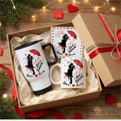 Персонализиран Подаръчен Комплект за Влюбени "Love Forever" – Термо Чаша, Керамична Чаша и Картичка