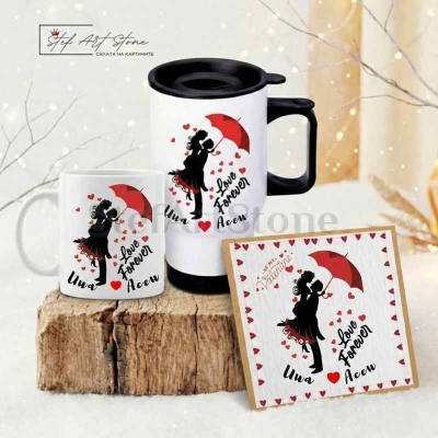 Персонализиран Подаръчен Комплект за Влюбени "Love Forever" – Термо Чаша, Керамична Чаша и Картичка
