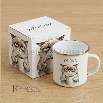 Метално Канче "NOT YET." – Сърдито Коте с Кафе Забавна  Чаша 