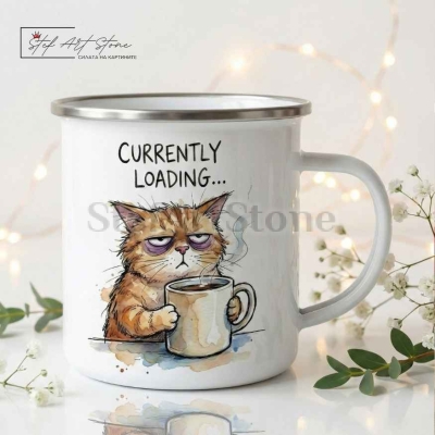 Метално Канче "Currently Loading..." – Сънено Коте  Забавен Подарък