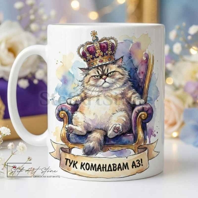 Чаша "ТУК КОМАНДВАМ АЗ!" – Котка с Корона на Трон (Забавен Подарък)