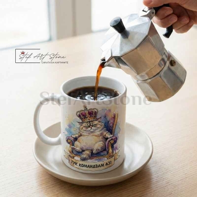 Чаша "ТУК КОМАНДВАМ АЗ!" – Котка с Корона на Трон (Забавен Подарък)