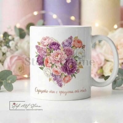 Керамична Чаша "Сърцето ти е градина от обич" – Цветно Сърце (Подарък за Нея)